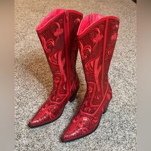 Elegant Red Sequin Heeled Boots